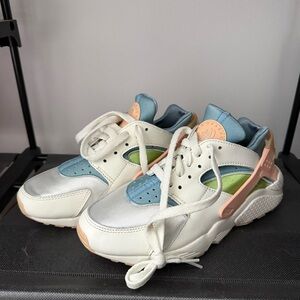 Nike Women's Hurache Sneakers in White, Light Blue & Peach with Lime Accents